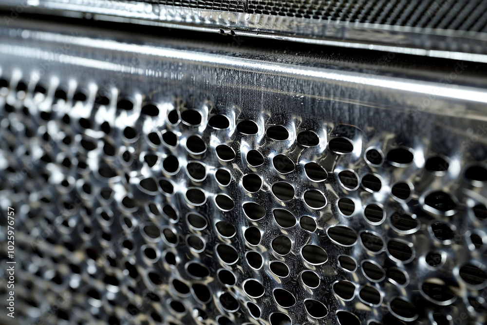 Closeup of an aluminum car radiator showcasing the intricate mesh pattern for efficient cooling space for text Closeup of an aluminum car radiator showcasing the intricate mesh pattern for efficient cooling space for text