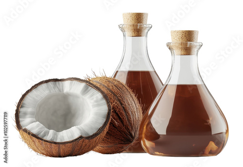 Coconut Oil in Glass Bottles and Fresh Coconut Shell transparent background