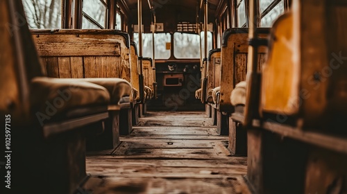 Vintage Train Interior: An interior shot of an antique train carriage, polished wooden panels, brass fixtures, and plush seats evoking a sense of nostalgia. 