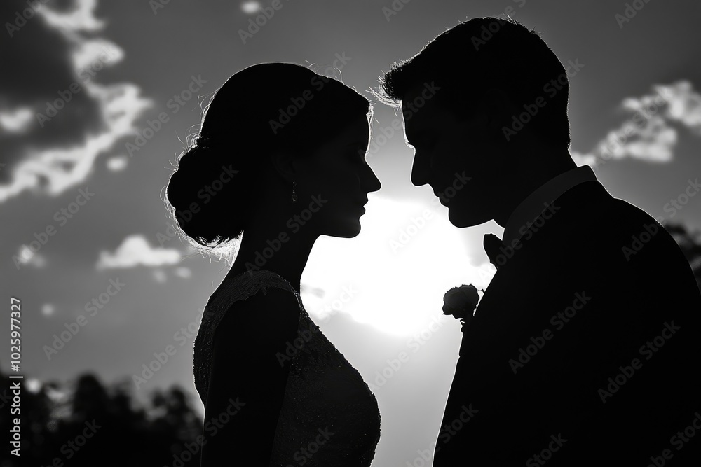 Bride and groom sharing a romantic moment at sunset Bride and groom sharing a romantic moment at sunset