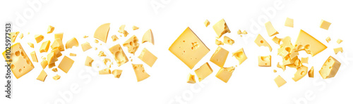 Cheddar Cheese Cubes and Crumbs on transparent background