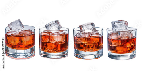 Classic Whiskey Drinks in Glasses with Ice Cubes transparent background