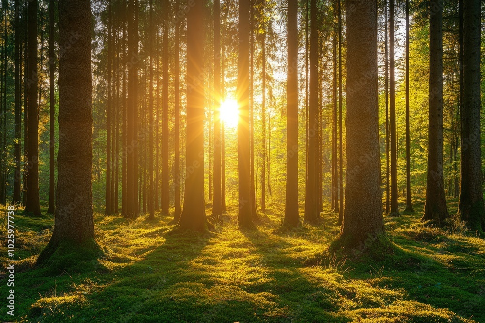 Fototapeta premium Golden sunlight shining through trees in magical forest at sunset