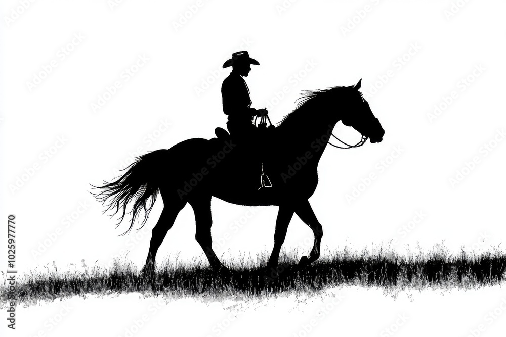 Fototapeta premium Cowboy riding horse at night with moon and mountains silhouette