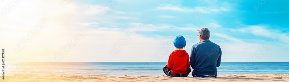 Fototapeta premium A child and grandparent sitting together on a beach, enjoying the peaceful ocean view.
