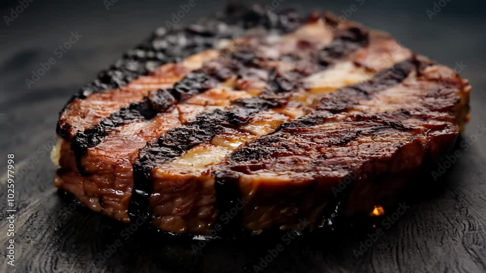 Camera films a 360 degree rotating grilled steak with dark grill marks visible, using low key lighting in an establishing video