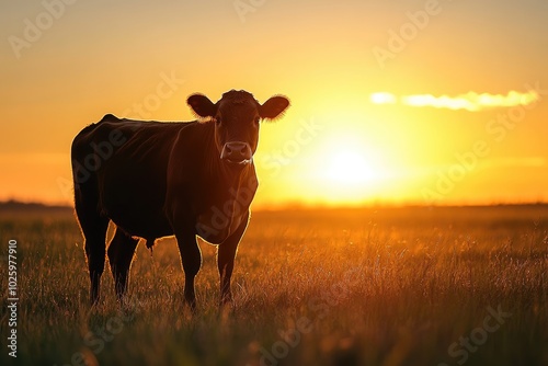 Black cow standing in field at sunrise photo