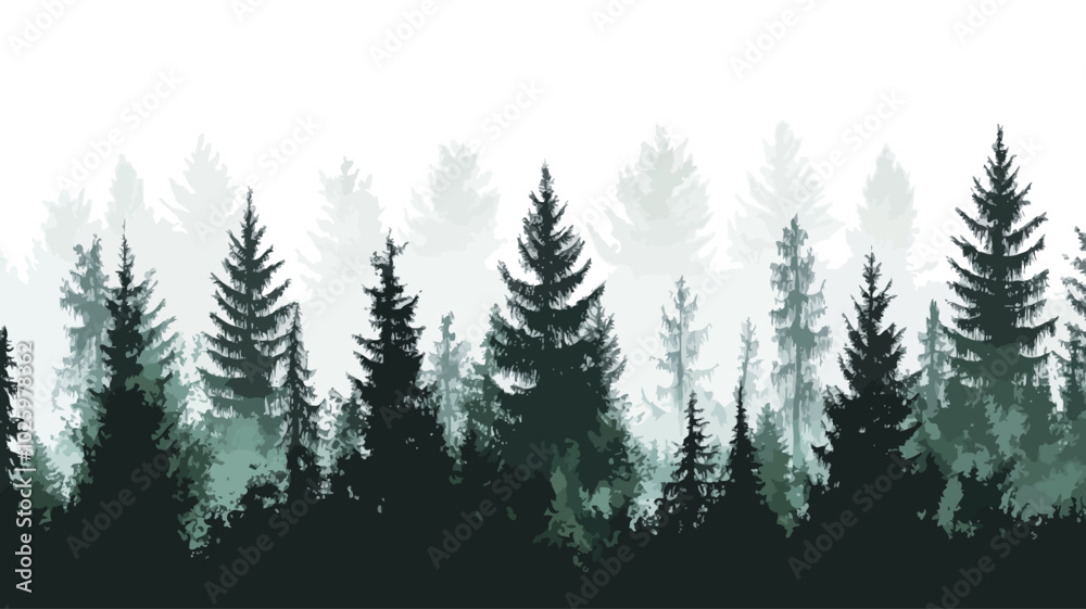 Obraz premium Silhouette of coniferous forest in fog. Vector illustration