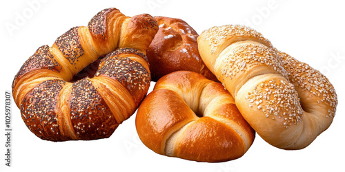 Freshly Baked Assorted Bread Rolls on Display transparent background