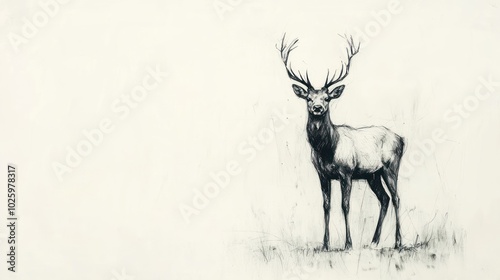 A detailed pencil drawing of a majestic stag with large antlers standing in a field of grass.