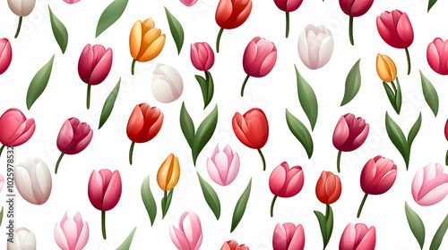 Colorful tulips in various shades and styles create vibrant floral pattern, perfect for spring themes and celebrations. lively arrangement evokes feelings of joy and freshness