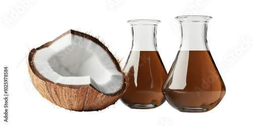 Coconut Oil in Glass Jars with Fresh Coconut Half transparent background