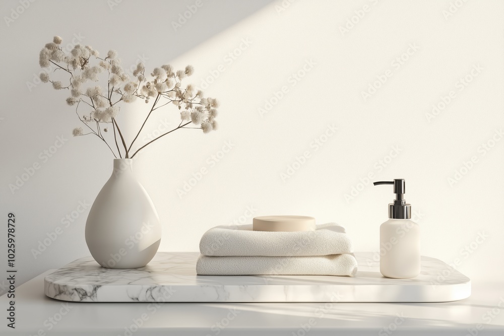a white marble countertop in a modern white room. a white marble countertop in a modern white room.