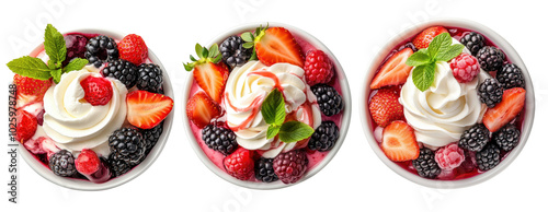 Fresh Dessert Bowls with Berries and Cream Topping transparent background