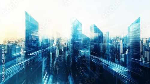 Abstract digital cityscape with buildings and glowing lines.