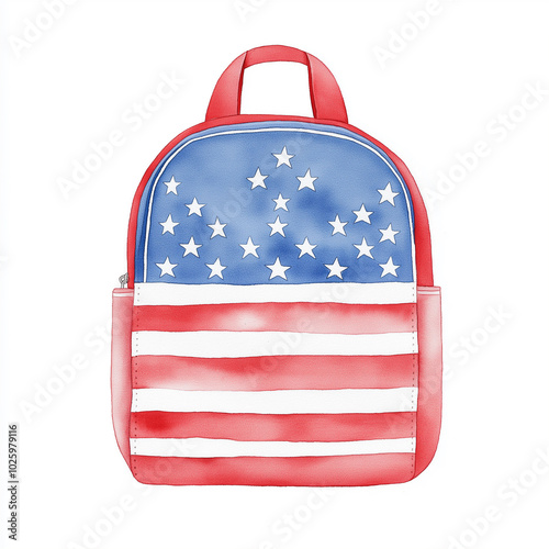 Watercolor depiction of a backpack with the American flag design Watercolor depiction of a backpack with the American flag design. Red and white stripes with a blue field of stars, blending patriotic  photo