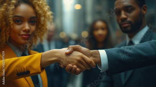 Professional handshake in business setting representing teamwork and corporate partnership photo