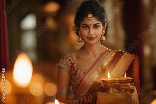 Graceful Indian woman holding diya during traditional Diwali celebration in festive attire photo