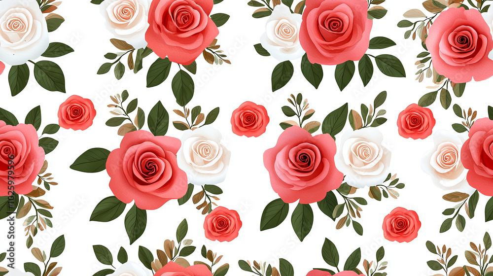 Beautiful watercolor roses in muted pink and white create charming floral pattern, perfect for adding touch of elegance to any design. arrangement features lush green leaves and delicate accents Beautiful watercolor roses in muted pink and white create charming floral pattern, perfect for adding touch of elegance to any design. arrangement features lush green leaves and delicate accents