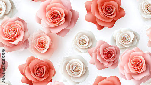 Beautiful watercolor roses in muted pink and white create soft, elegant floral pattern. This design evokes sense of tranquility and romance, perfect for various creative projects