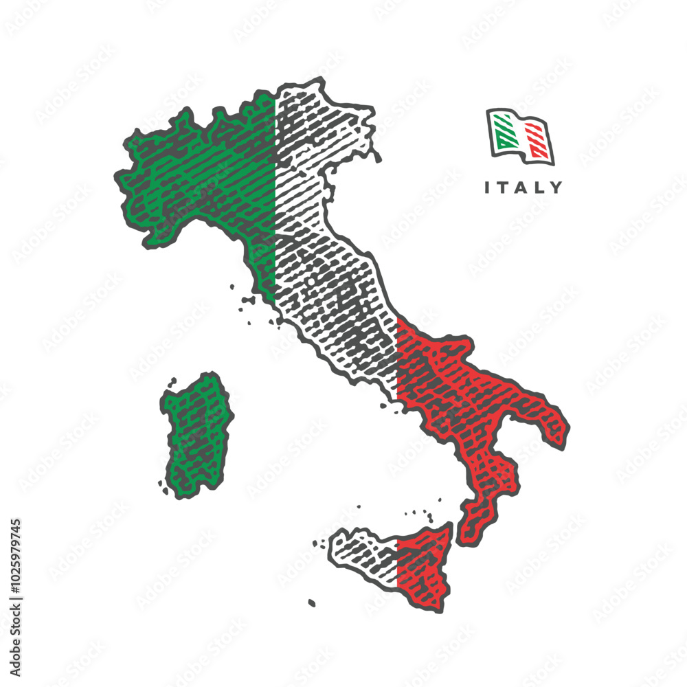 Fototapeta premium Map of Italy in engraved style. Colored engraving. Hand drawn engraving style illustrations. Etched vector illustration.