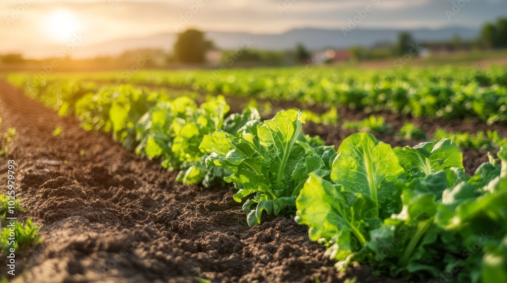 Vibrant green field of crops bathed in golden sunlight, a symbol of agricultural abundance and sustainable farming practices Vibrant green field of crops bathed in golden sunlight, a symbol of agricultural abundance and sustainable farming practices