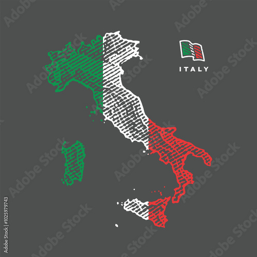 Map of Italy in engraved style. Colored engrving and black background. Hand drawn engraving style illustrations. Etched vector illustration.