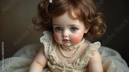 Realistic porcelain doll with curly hair and a lace dress, adorned with pearls, against a soft background, perfect for collectible or nostalgia concept