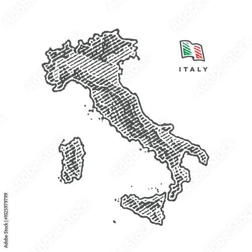 Map of  Italy in engraved style. Black and white. Hand drawn engraving style illustrations. Etched vector illustration.