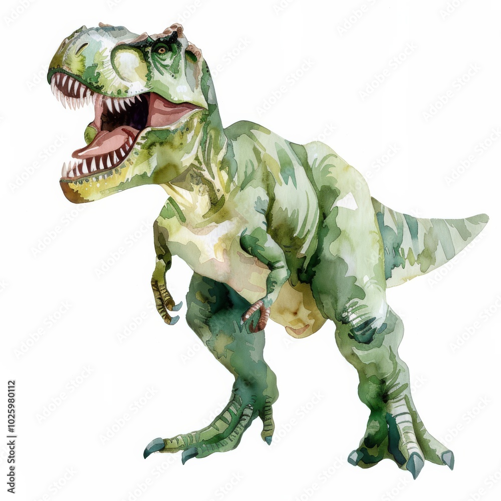 Fototapeta premium A watercolor illustration of a Tyrannosaurus rex dinosaur, showcasing intricate details and dynamic colors, isolated on a white background, perfect for educational materials, artwork