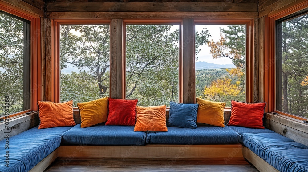 Fototapeta premium Cozy seating area with colorful cushions beside large windows