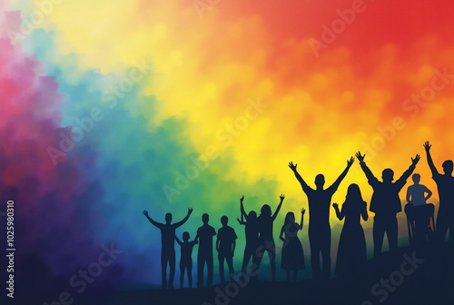 Vibrant Rainbow Pride Celebration: Silhouettes Marching in Unity - Perfect for LGBTQ+ Events and Diversity Campaigns