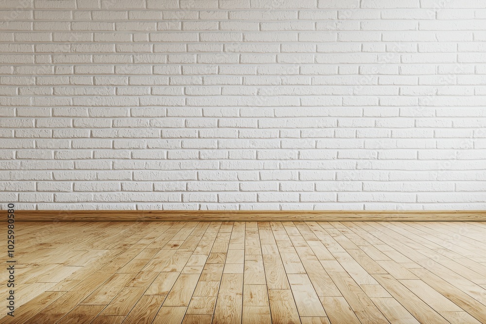 Fototapeta premium A minimalist interior featuring a white brick wall and wooden floor, ideal for showcasing design or photography.