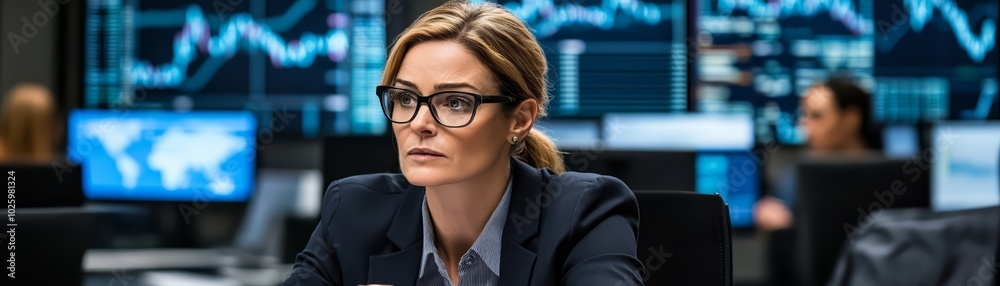 Focused businesswoman working in a modern office with data analysis screens. Focused businesswoman working in a modern office with data analysis screens.