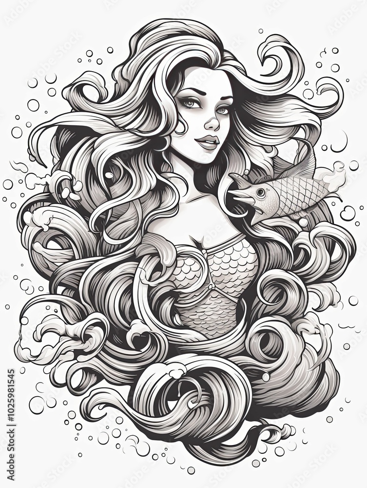 A Mermaid Woman With Flowing Hair and a Fish A Mermaid Woman With Flowing Hair and a Fish