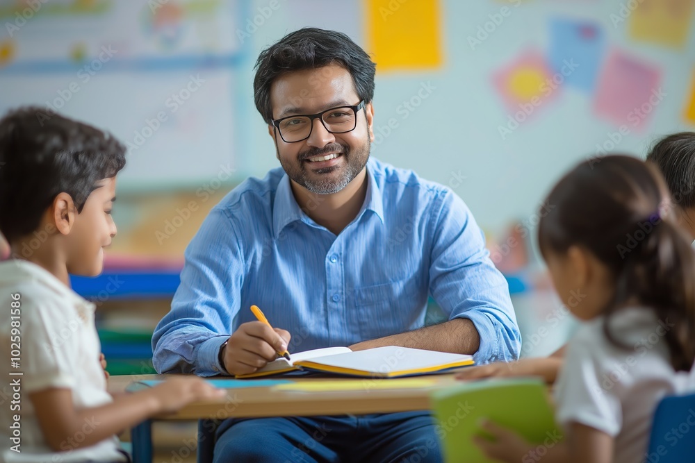 Indian Male Teacher Engaging with Young Students in Creative Classroom Environment Indian Male Teacher Engaging with Young Students in Creative Classroom Environment