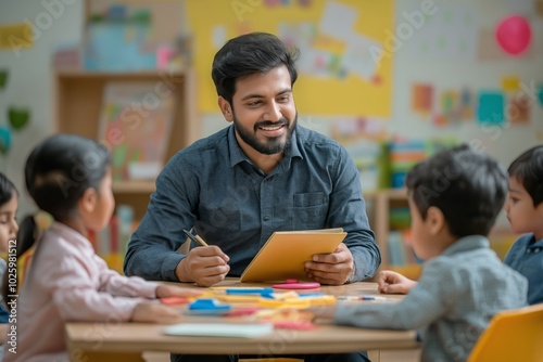 Indian Male Teacher Smiling with Preschool Kids During Classroom Activity and Interaction