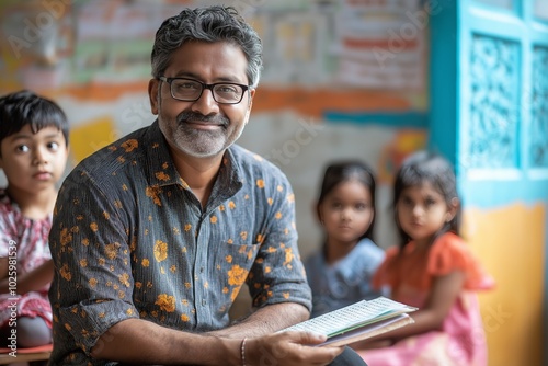 Friendly Indian Teacher Engaging with Preschool Kids in a Bright, Fun Classroom Setting