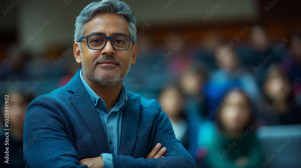 Fototapeta premium Proud Indian Teacher Leading Students in Classroom, Arms Crossed, Exuding Confidence and Authority