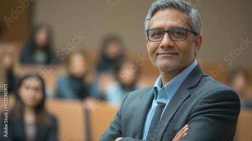 Proud Indian Teacher with Crossed Arms in Classroom, Leading a Group of Attentive Students