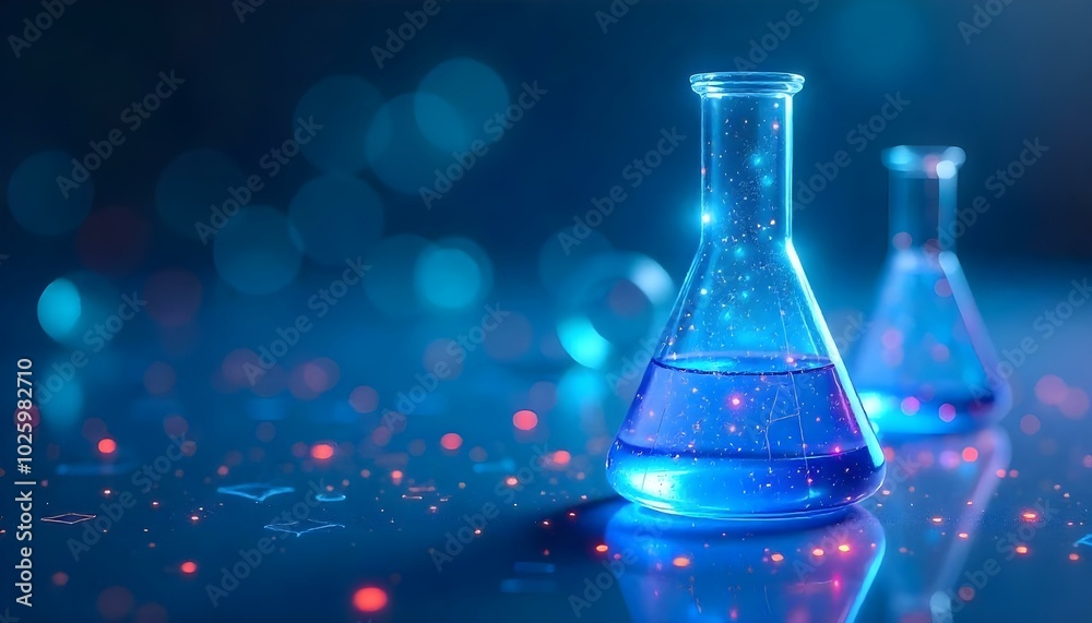 Glass beakers filled with colorful liquids on a dark blue background with glowing lights Glass beakers filled with colorful liquids on a dark blue background with glowing lights