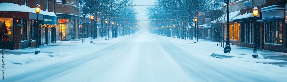 Snow-covered street in a quiet town during winter, serene and peaceful ambiance. Snow-covered street in a quiet town during winter, serene and peaceful ambiance.