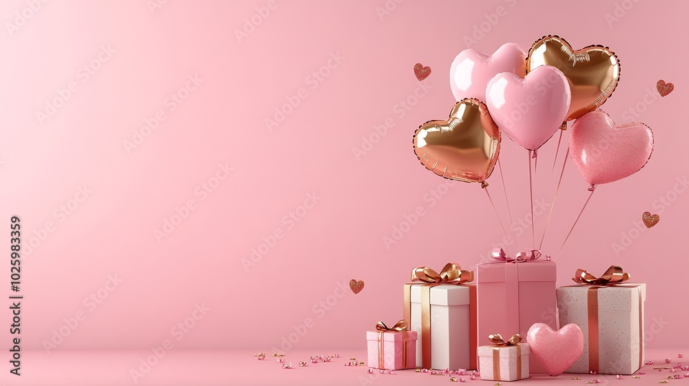 Happy Valentine's Day banner pink and gold heartshaped foil balloons floating above a pile of gifts Set against a pink Valentines Day background with ample copy space Happy Valentine's Day banner pink and gold heartshaped foil balloons floating above a pile of gifts Set against a pink Valentines Day background with ample copy space