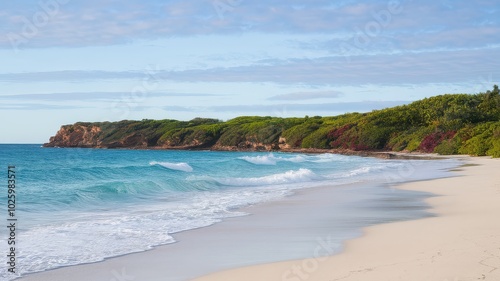 A serene beach scene with gentle waves, lush greenery, and a rocky coastline under a partly cloudy sky.