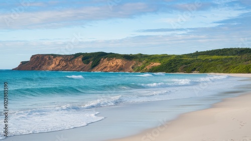 A serene beach scene with gentle waves lapping at the shore, surrounded by lush greenery and cliffs under a bright sky.