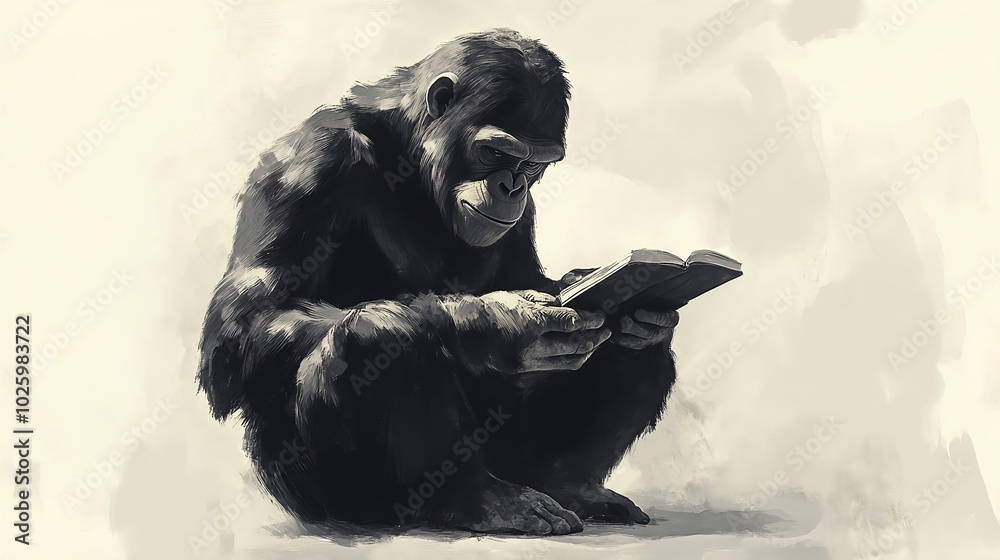 Chimpanzee Reading a Book with a Curious Expression Chimpanzee Reading a Book with a Curious Expression