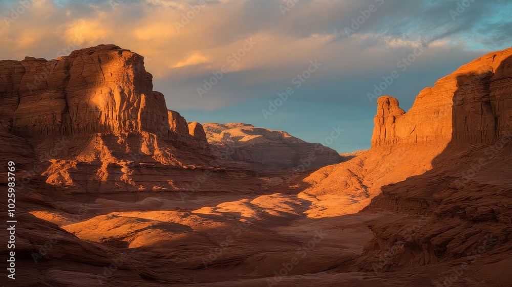 A stunning desert landscape at sunset, showcasing towering rock formations and vibrant hues illuminating the sandy terrain. A stunning desert landscape at sunset, showcasing towering rock formations and vibrant hues illuminating the sandy terrain.