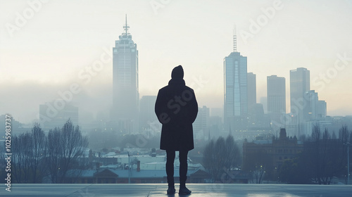 A person stands against the backdrop of a city skyline, observing large buildings partially submerged in fog. The city appears calm and misty, creating a sense of detachment and reflection