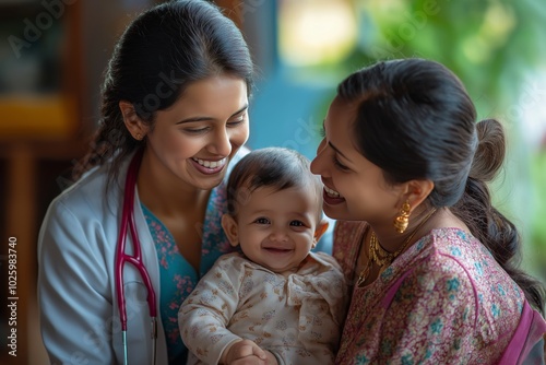 Happy baby with mother visiting an Indian female doctor for a pediatric healthcare checkup and care