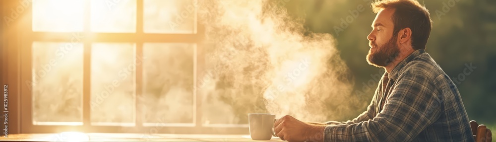 Thoughtful man enjoying a hot drink by the window with sunlight streaming in. Thoughtful man enjoying a hot drink by the window with sunlight streaming in.